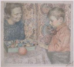 Jeune garçon jouant avec des cubes de bois sur une table, sous le regard attendri de sa mère | Lemmen, Georges (1865-1916) - peintre et graveur belge