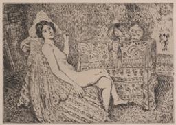 Femme nue assise dans un fauteuil recouvert d'une couverture, de profil à droite, la main gauche tenant un éventail | Lemmen, Georges (1865-1916) - peintre et graveur belge