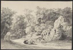 Wooded landscape with a wife and two children collecting firewood | Breyer. Illustrateur
