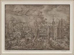 Deer hunting near a castle surrounded by a moat | Bol, Hans (1534-1593). Artist