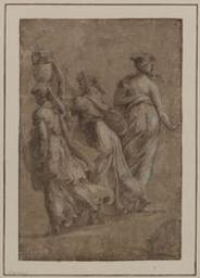 Three female figures seen from the back, one carrying a jar on her head | Firenze, Maturino da (1490-1527/28). Artiest. Toegeschreven aan