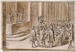Louis XIV enthroned surrounded by courtiers | Sevin, Pierre-Paul (1650-1710). Toegeschreven aan