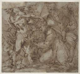 Christ carrying the cross; verso: three figures and several inscriptions | Cambiaso, Luca (1527-1585). Illustrateur
