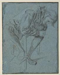 Study of a man sitting on a chair, looking down to the ground | Bega, Cornelis (ca.1630-1664) - peintre et graveur néerlandais. Artist. Attributed name