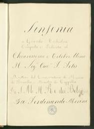 titel on paste-down: Sinfonia a Grande Orchestra Composta e Dedicata al Chiarissimo e Celebre Uomo Il Sige Cave F Fetis Direttore del Conservatorio di Musica di Bruxelles, e Maestro di Cappella Di S M Il Re dei Belgi Da Ferdinando Morini f1r: Sinfonia In Mi Bemmolle Composta Da Ferdinando Morini a Servizio di Sua A I e R Il Granduca di Toscana Leopoldo II Partitura Manoscritto | Morini, Ferdinando