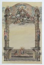 Ornamental design with allegorical figures and bust portraits of Empress Maria Theresia and her sons-in-law Albert Casimir and Louis XVI | Eisen, Charles Dominique Joseph (1720-1778). Illustrator
