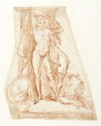 Hercules with Nemean lion at his feet | Unknown French. Illustrator