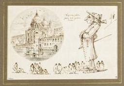 View of the church of Santa Maria della Salute in Venice and caricature figures | Unknown Italian. Illustrator
