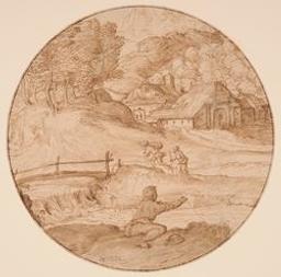 Mountainous landscape with village and stream and peasants in the foreground | Campagnola, Domenico (1500-1564, Italian printmaker). D'après. Artiste