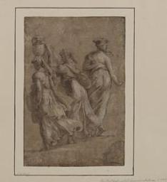Three female figures seen from the back, one carrying a jar on her head | Firenze, Maturino da (1490-1527/28). Artist. Attributed name